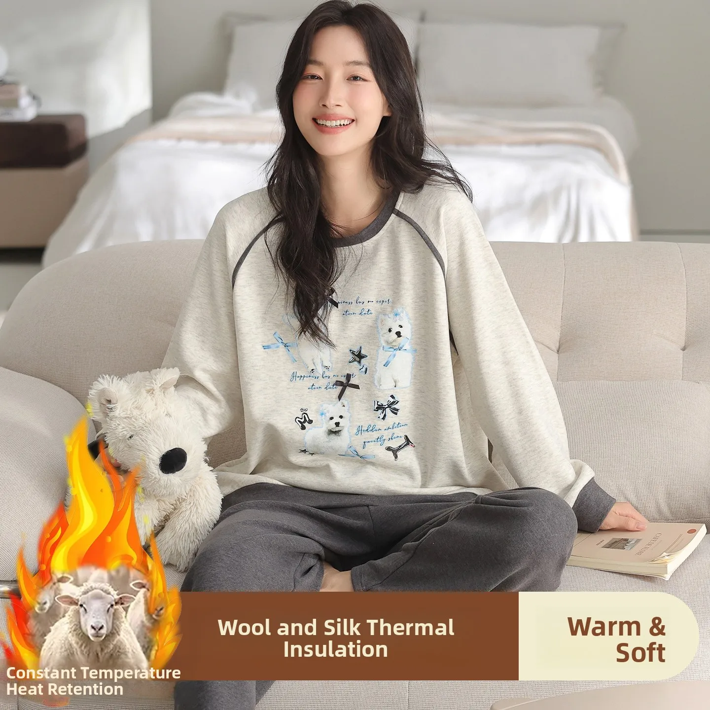 Thickened Autumn Winter Plush Sleepwear Women's Long Sleeve round Neck Home Clothes Soft Warm Fleece Lined Outwear Suitable f...