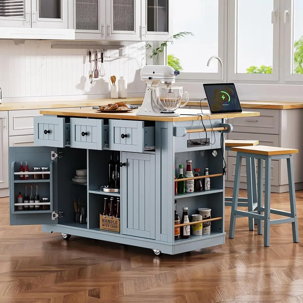 

Classic Large Kitchen Island With 2 Bar Stools, Power Outlet,Door Internal Storage Rack, Kitchen Storage Cart On 5 Wheels With