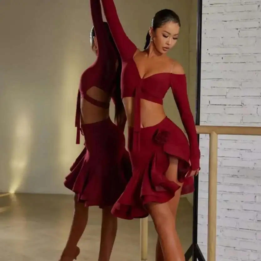 

Летний топ для латинских танцев с открытыми плечами для взрослых, юбки с рюшами, костюм для латинских танцев, одежда для выступлений на сцене, комплект платья для самбы, танго для женщин