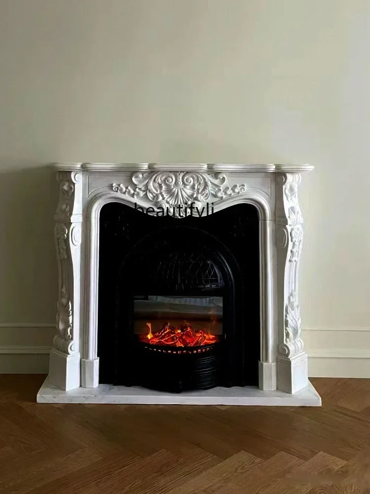 CQYMarble Fireplace Stone Carving French White Jade Carved Fireplace European Style Living Room American Style Background Wall