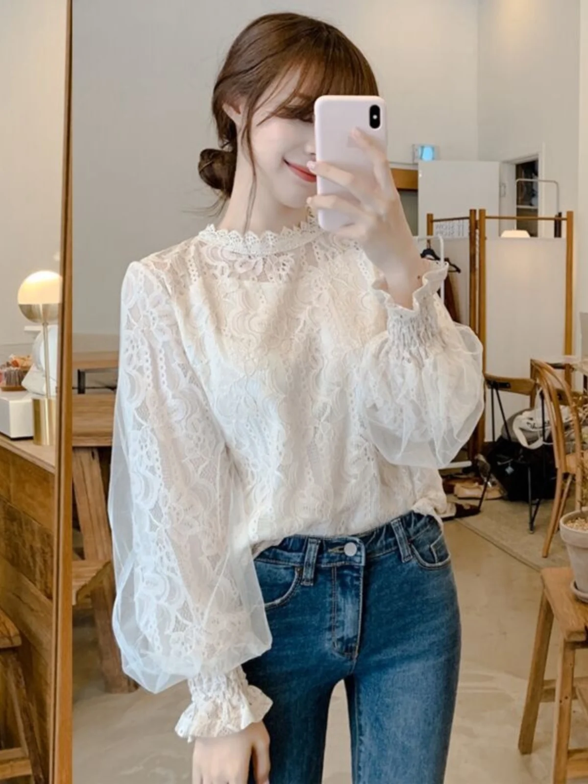 

Ele White Lace Base irt Faionable Early Spring High Collar Inner Wear Charming Faionable Commute Sle Long Sve