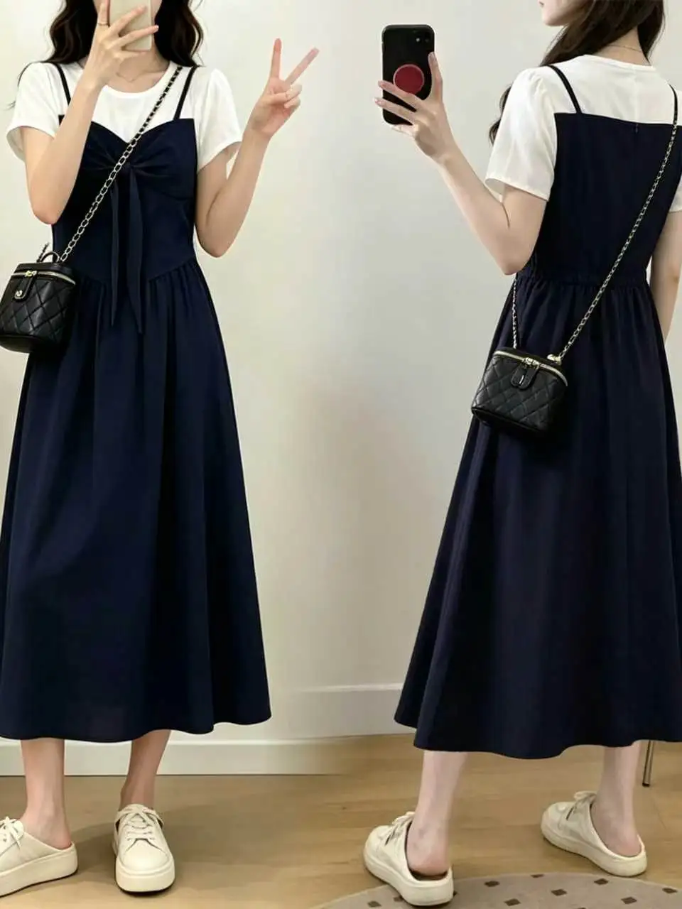 

Summer Elegant Casual plus Size Dress Slimming Waist High Waist Long Skirt Short Sleeve round Neck A-Line Dress for Plump Women