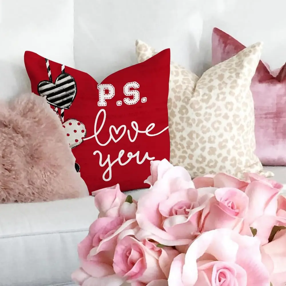 Valentine's Day Pillow Covers 18x18 Inch Set of 4 Decor Polka Dots Red Hearts Striped Love Decorative Pillowcases for Home Sofa