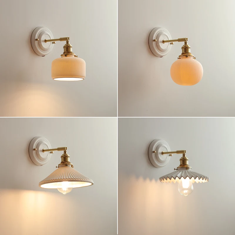 IWHD Nordic Modern LED Wall Light Fixtures Ceramic Lampshade Knob Switch Bedroom Bathroom Mirror Japanese Style Wall Sconce