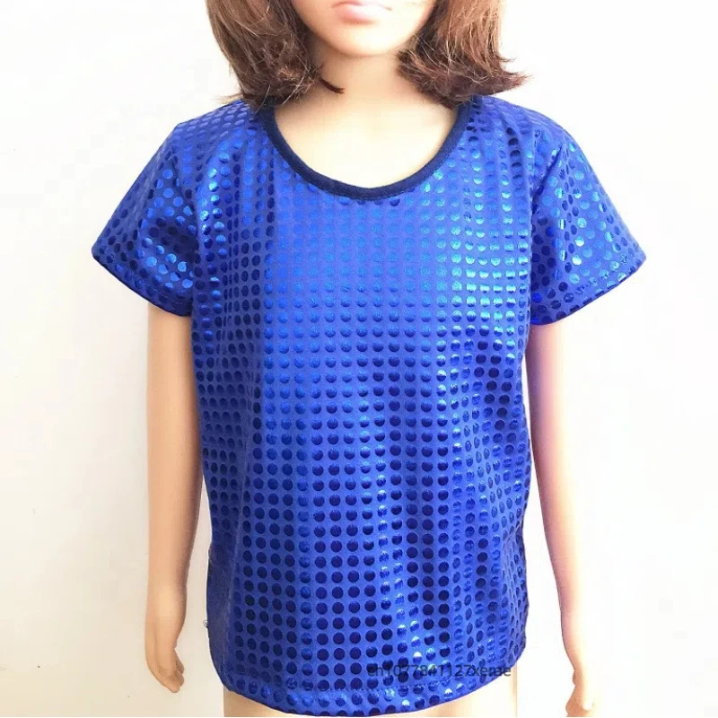 Детские костюмы для джазовых танцев, свободные футболки с короткими рукавами и блестками, костюмы для группового фестиваля, сценических танцевальных выступлений