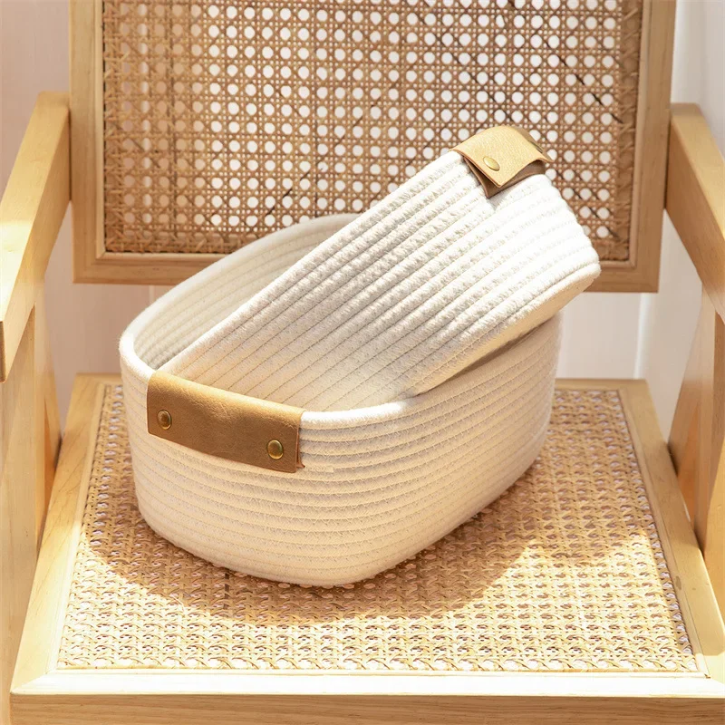 

1Pc Cotton Rope Storage Basket Oval Woven Baskets Nursery Toys Organizer With Handles Sundries Cube Storage Shelf Box Home Decor