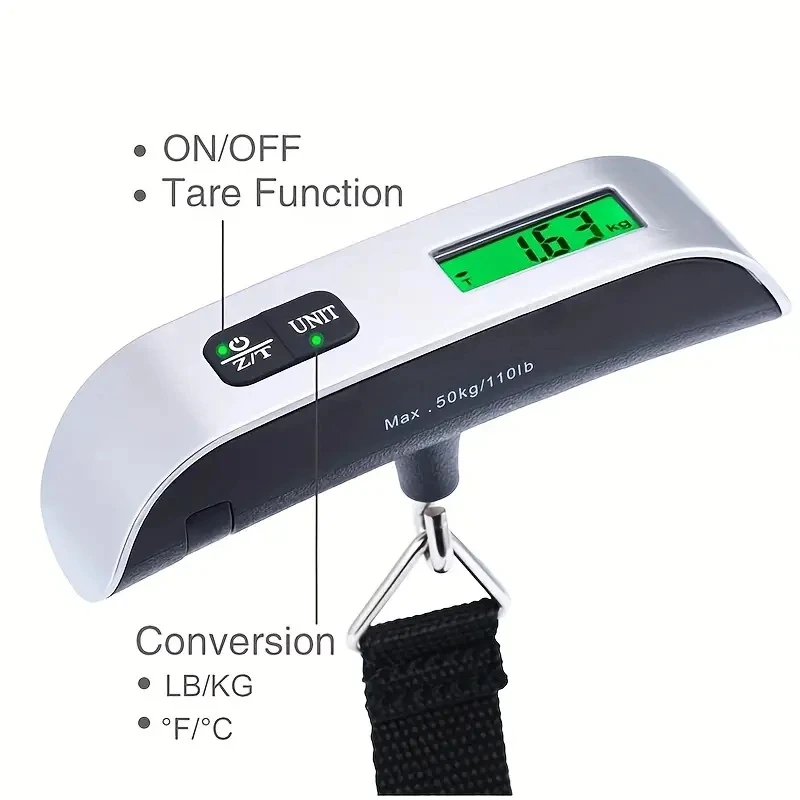 Portable Electronic Luggage Pocket Scale, Hanging Scale, Digital Scale, Backlit, Fishing Weight, 50kg, 10g