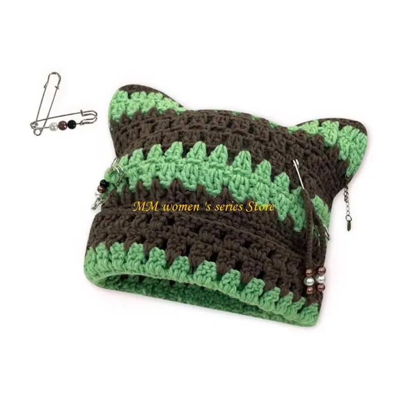 Q39C Y2K الشيطان مخطط محبوك قبعة مع مشبك ورق ديكور الشتاء قبعة ركوب الدراجات