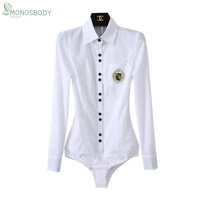 2024 New Fashion Embroidery Badge White Bodysuits Women Long Sleeve Body Shirts Office Lady Business Work Blouses Female Rompers