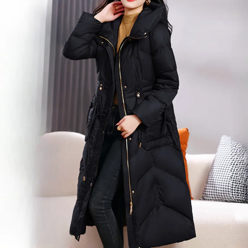 Down Jacket for Women, Mid-length Parka, Hooded Waisted, Straight Design High-end Fashion Temperament Slim Warm Coats Winter New