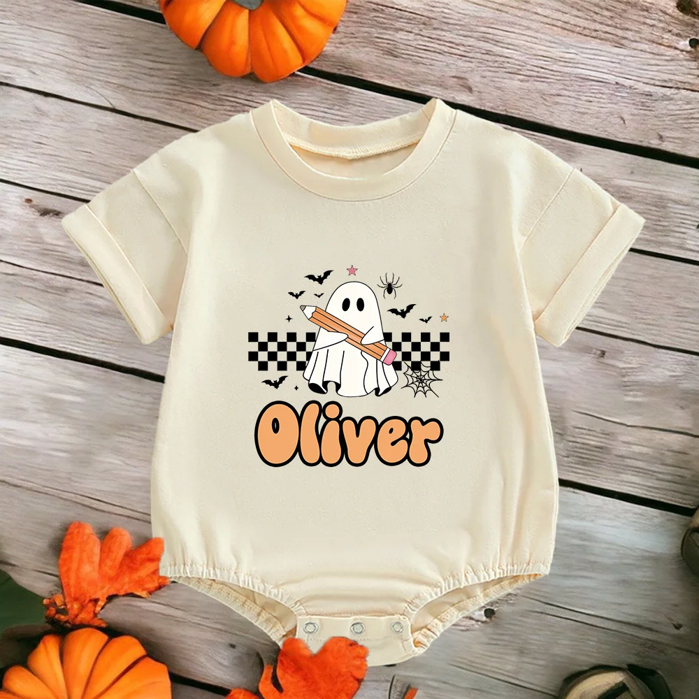 Personalized Ghost Name Baby Bubble Romper Custom Name Retro Halloween Natural Bodysuit Infant Ghost Jumpsuit Halloween Clothes