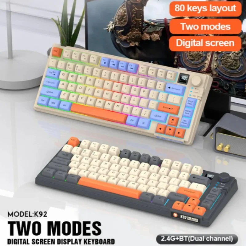 

Беспроводная клавиатура K92, RGB-подсветка, 82 клавиши, экран дисплея, многофункциональная ручка, 75% TKL, проводная клавиатура с возможностью горячей замены для ПК, ноутбука