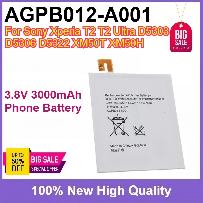New AGPB012-A001 3.8V 3000mAh High Capacity Mobile Phone Battery For Sony Xperia T2 T2 Ultra D5303 D5306 D5322 XM50T XM50H