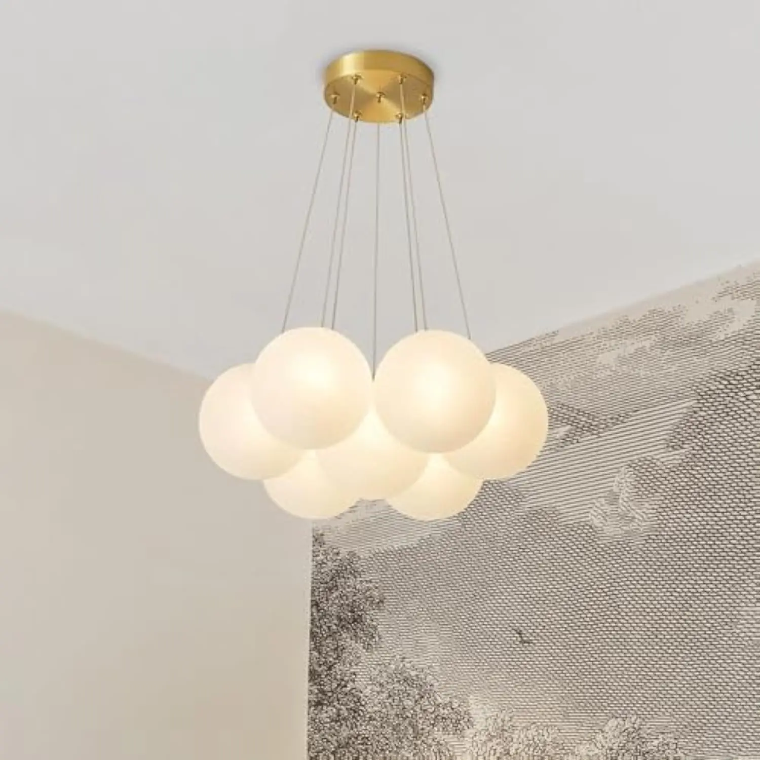 

Glass Bubble Chandelier, Textured Globe Pendant Light, Brass Ceiling Canopy, Modern Chandelier for Bedroom, Nursery, Foyer (7 L