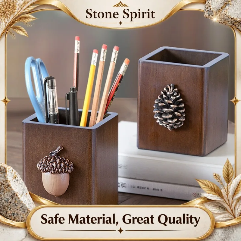 Vintage Wood Pen Holder, Rustic American Style Makeup Brush Organizer, Multi-Purpose Desktop Storage for Office Student Gift