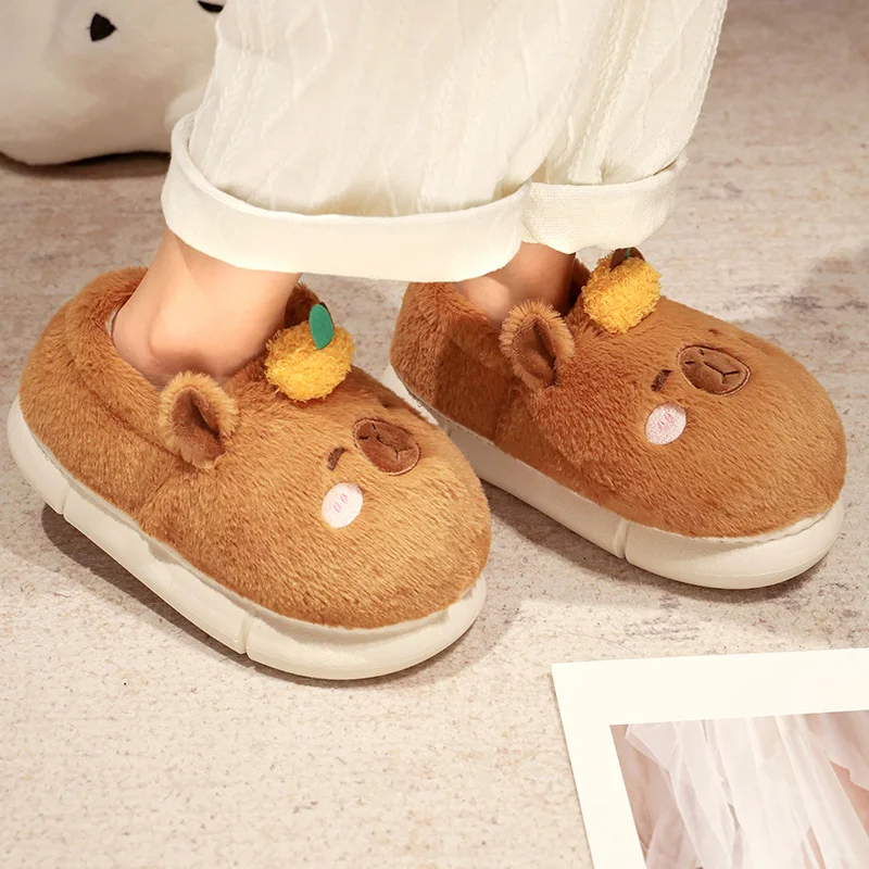 37-44 Cute Cartoon Capybara Cotton Slippers Full Wrap Heel Home Soft Non-slip Warm Breathable Indoor Plush Shoes Couple Slippers