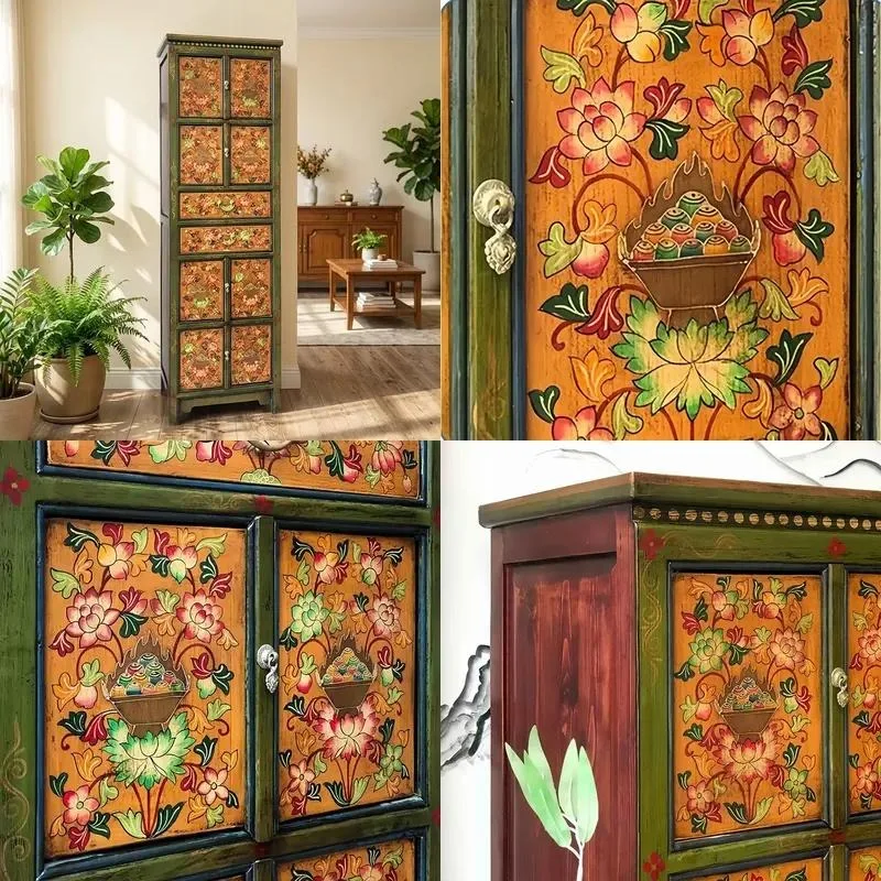 Solid Wood Side Cabinet Hand Painted Retro Medieval Modern Furniture