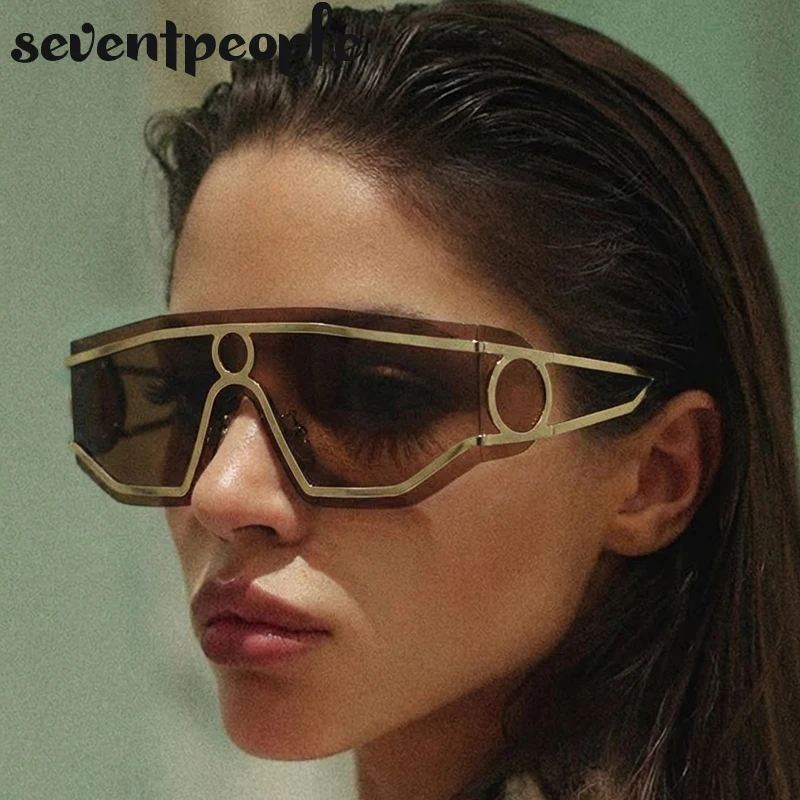 

Oversized Rimless Mask Shield Sunglasses Women 2025 Luxury Brand Steampunk One-Piece Wrap Around Goggle Sun Glasses Shades UV400
