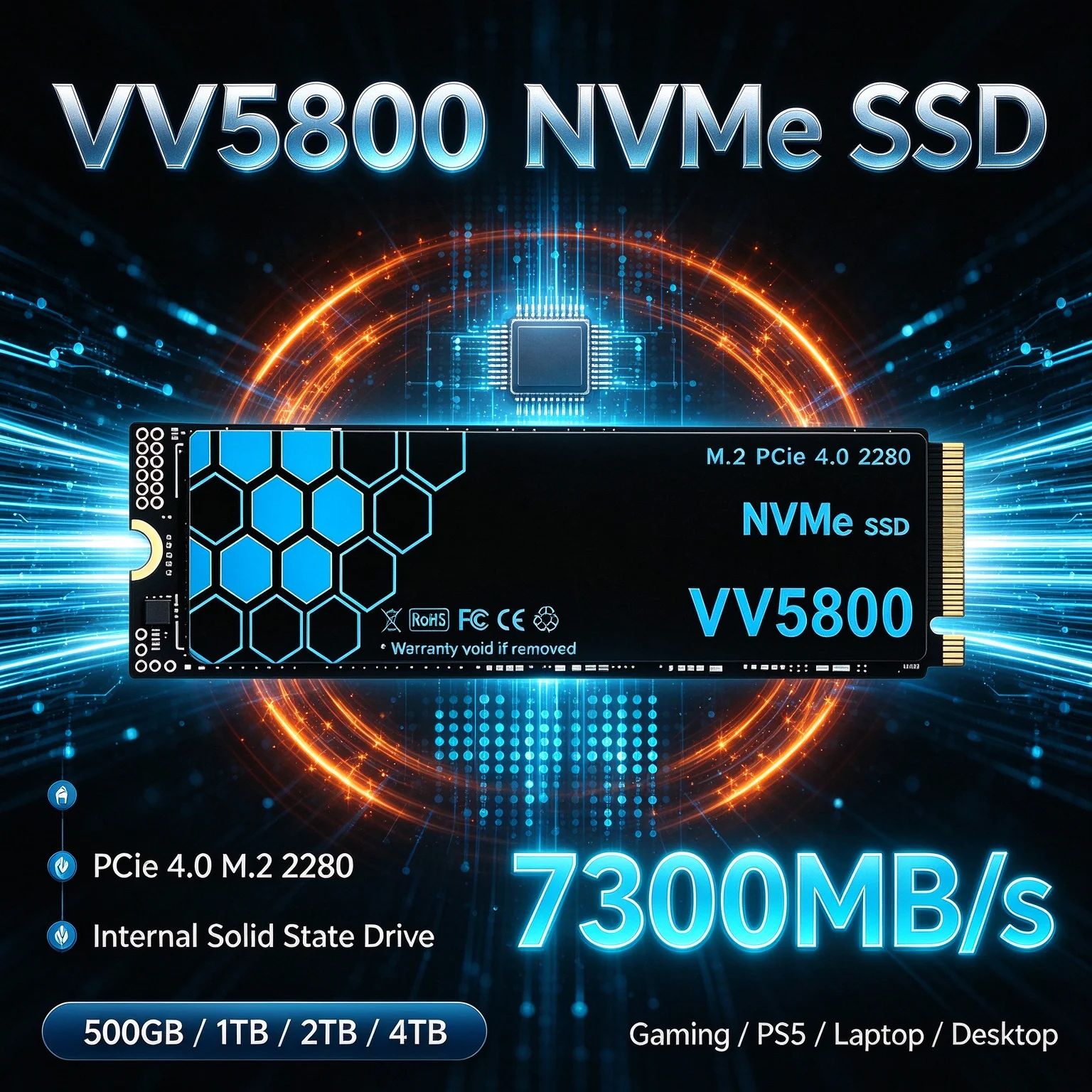 VV5800 NVMe SSD 7300MB/s PCIe 4.0 M.2 2280 Upgrade Your Speed 4TB Internal Drive for PS5 Desktop Laptop, Gaming Storage Upgrade
