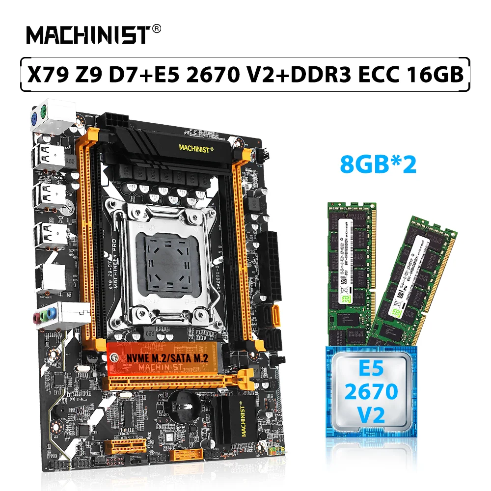 

MACHINIST X79 Z9 D7 Motherboard Set LGA 2011 Kit Xeon E5 2670 V2 CPU Processor 2pcs*8GB=16GB DDR3 ECC RAM Memory NVME/SATA M.2