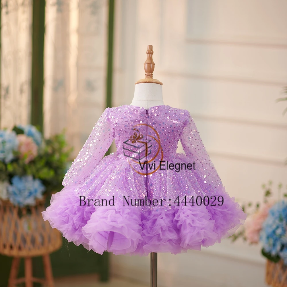 Robes de filles à fleurs violettes mignonnes avec tutu à manches longues à paillettes, robes de soirée de mariage, col en V, été, nouveau, 2023