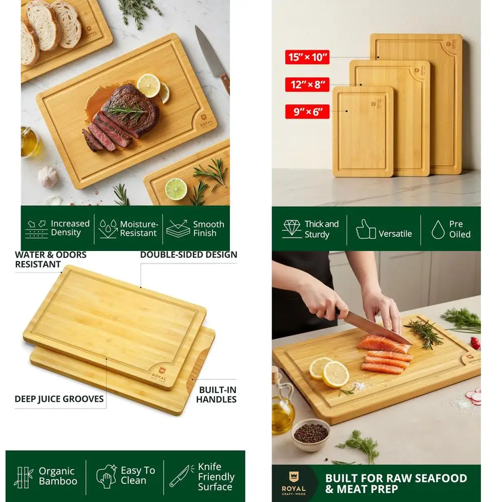 

Набор двусторонних бамбуковых разделочных досок из 3 предметов с пазом для сока и ручками — кухонные доски премиум-класса для праздничных подарков