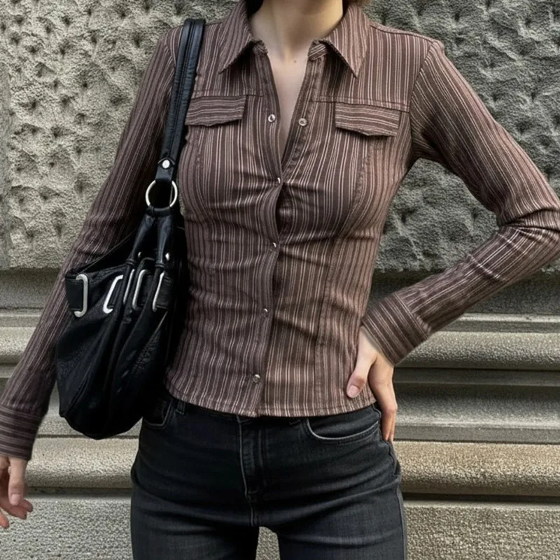 Amerykańska seksowna bluzka w paski z długim rękawem, podkreślająca talię, w stylu vintage, brązowa, z dekoltem w serek, Y2k, streetwear, topy, jesienna odzież codzienna do biura.