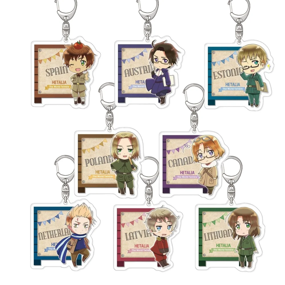 Tienda periférica de Anime Hetalia: el mundo Twinkle Finlandia Prusia Hungría Austria llavero acrílico colgante regalos para seguidores alrededor de 6cm