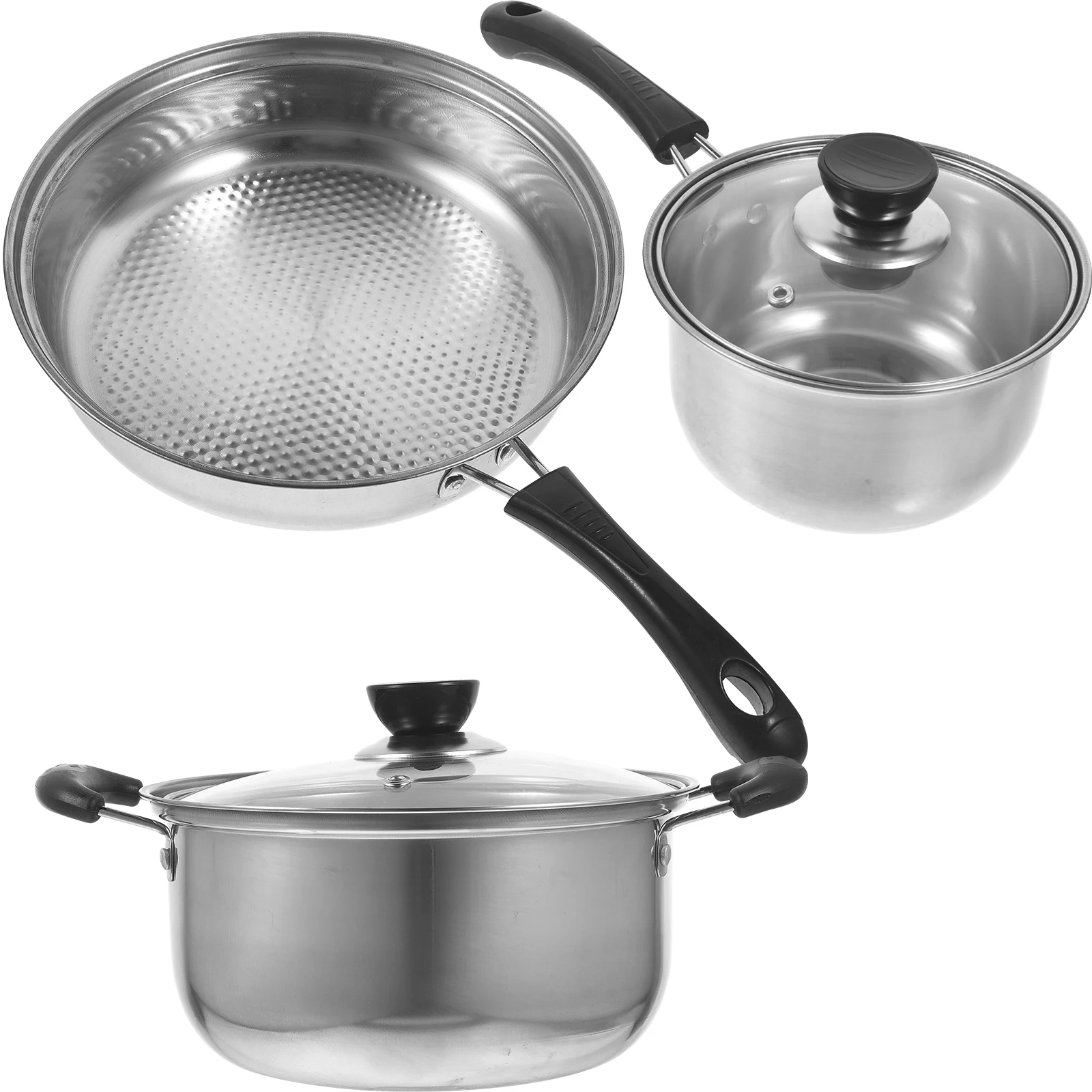 

1 set Stainless Steel Kitchen Cookware Set 16cm Milk Pot 20cm Soup Pot 24cm Frying Pan Practical Daily Use