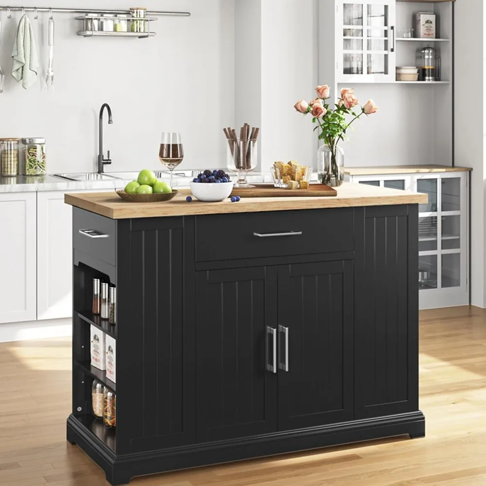 

"Mobile Kitchen Island with Durable Rubberwood Top, Featuring 3 Drawers and Open Shelves for Storage"