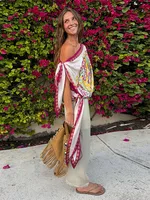 Women Off Shoulder Scarf Print Top Asymmetrical Hem Satin Fashion Blouse 2026 Summer Boho Elegant Vacation Casual Fashion Tops - Image 3