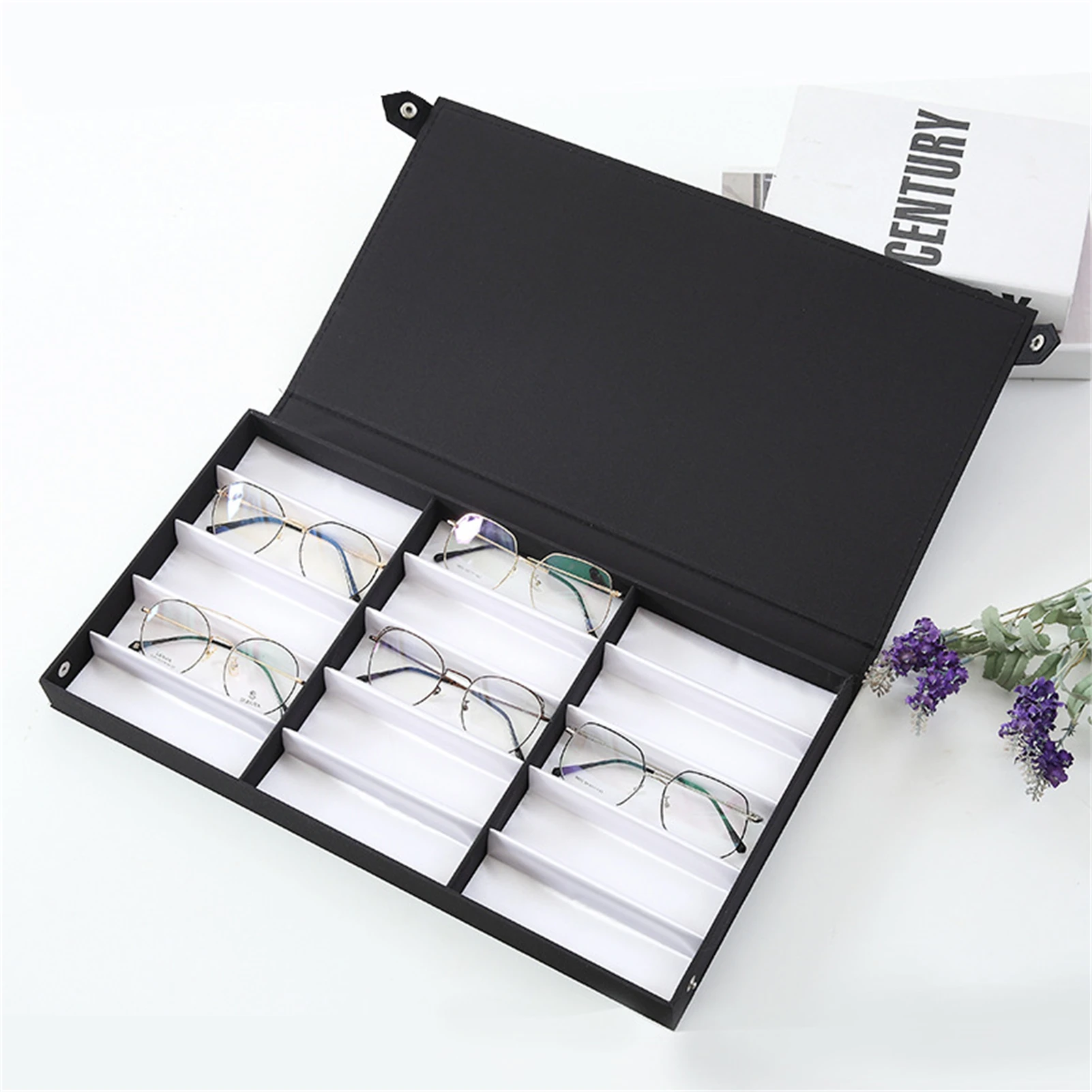 Eyeglasses Organizer Box 15 Grids Shockproof Storage with Cover Soft Lined Compartments for Home Shop Office Use