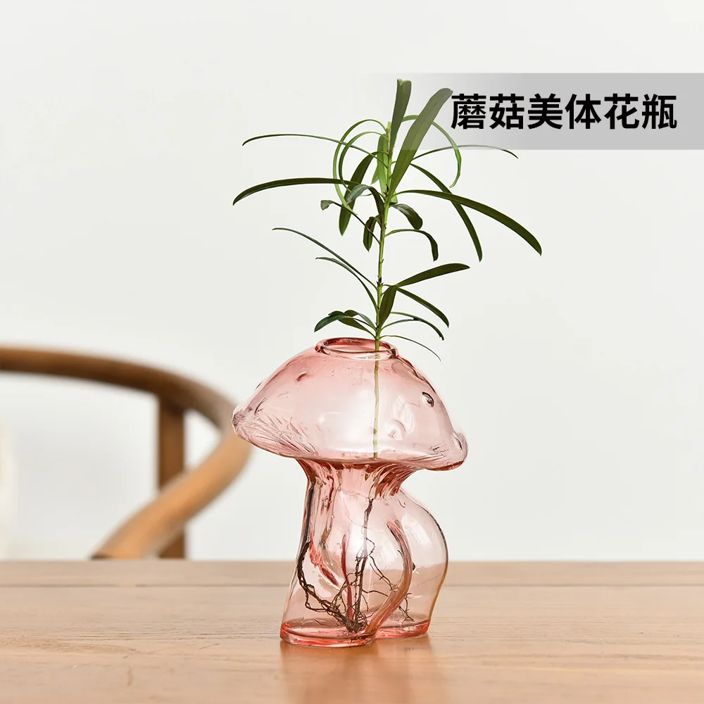 

12cm Creative Mushroom Vase Color Transparent Glass Hydroponic Vase Home Decoration Characteristic Aromatherapy Bottle Ornaments