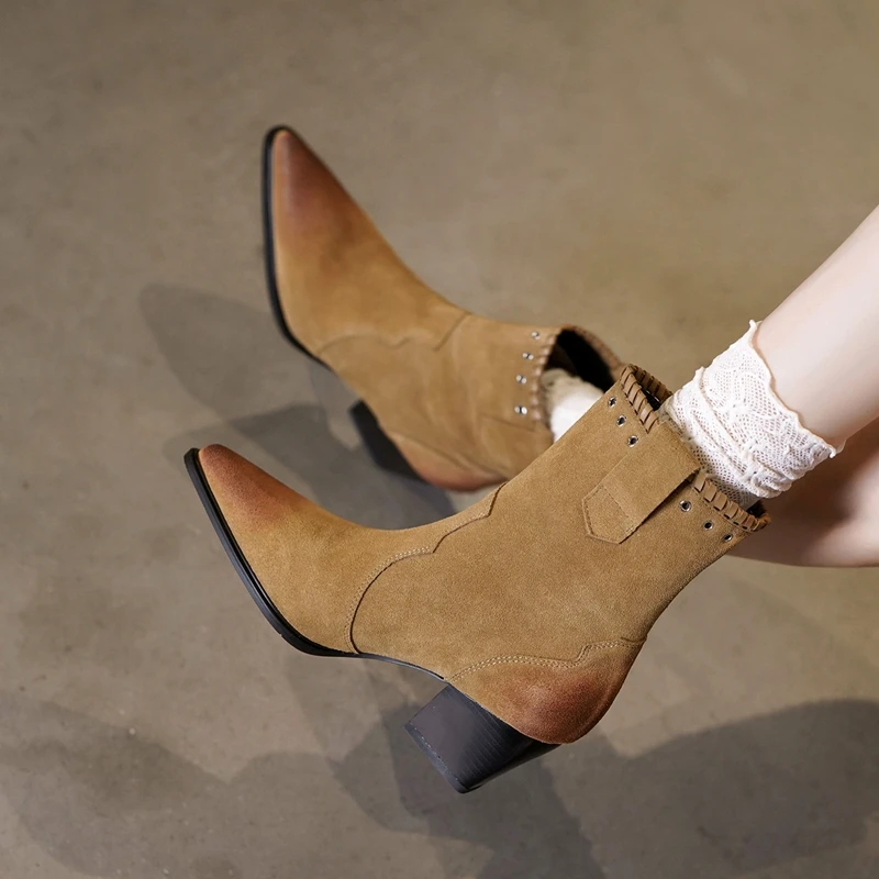 

Hot Sale Real Cow Leather Suede Western Ankle Boots Women Point Toe Kitten Heels Short Boots Winter Cowboy Knight Boots Woman