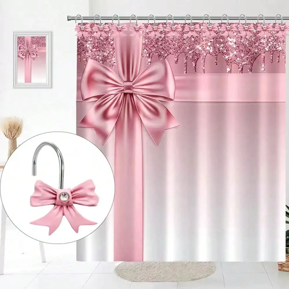 Decorative Shower Curtain Hooks Bow Tie Rust Resistant Hooks Glide Shower Ring Hangs Holder Bling for Bathroom, Pack of 12 view 4