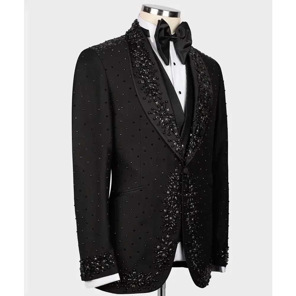 Black Men's Suits Fashion 2 Pieces Sets Groom Prom Blazers Damonds Beaded Decoration Tuxedos Men