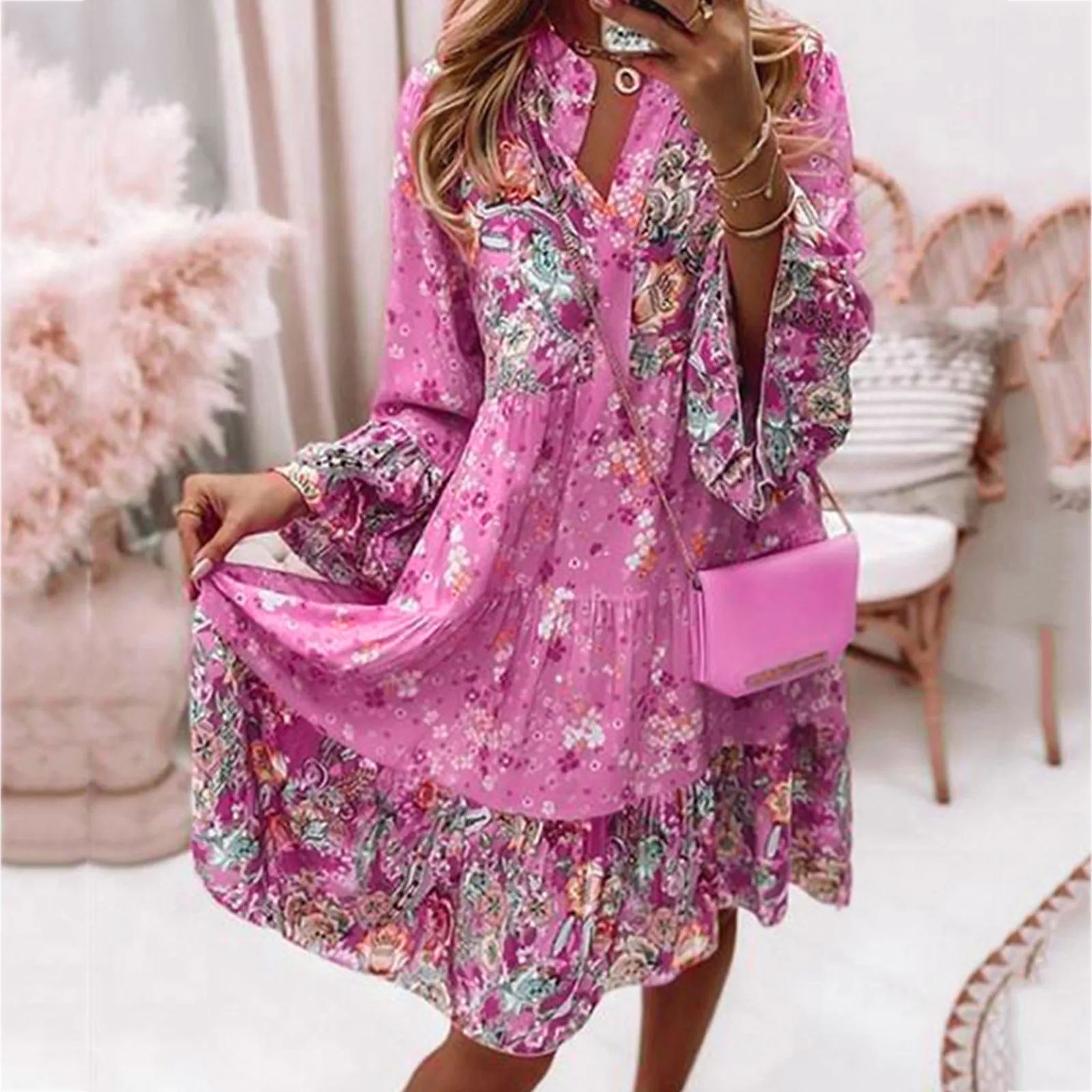 

Spring Summer Womens Dresses Vintage Floral Printed Dress Boho Beach Sundress Fashion Oversize Long Sleeve V Neck Party Dress