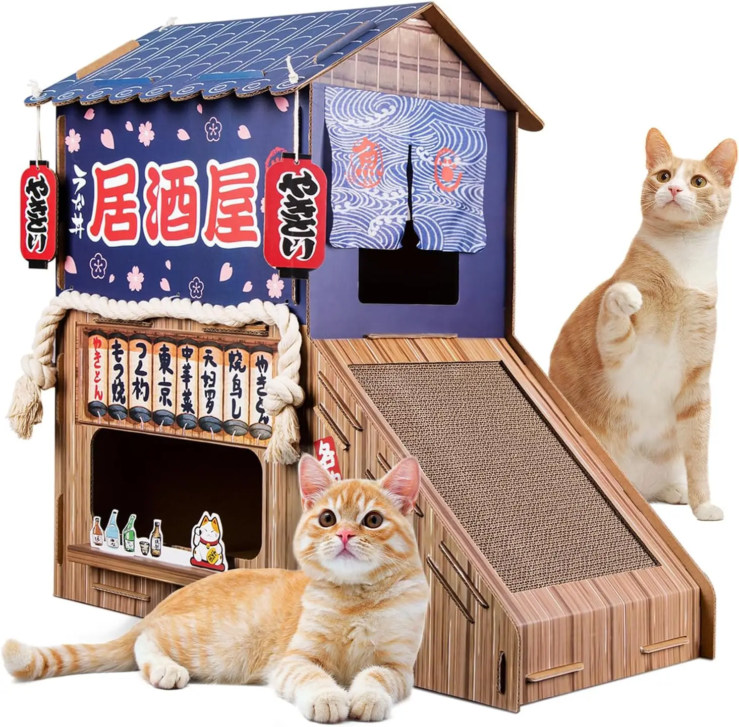 

Durable Cardboard Cat House with Scratching Posts and Toys, Suitable for All Cats (29.5x28.5x18 in)