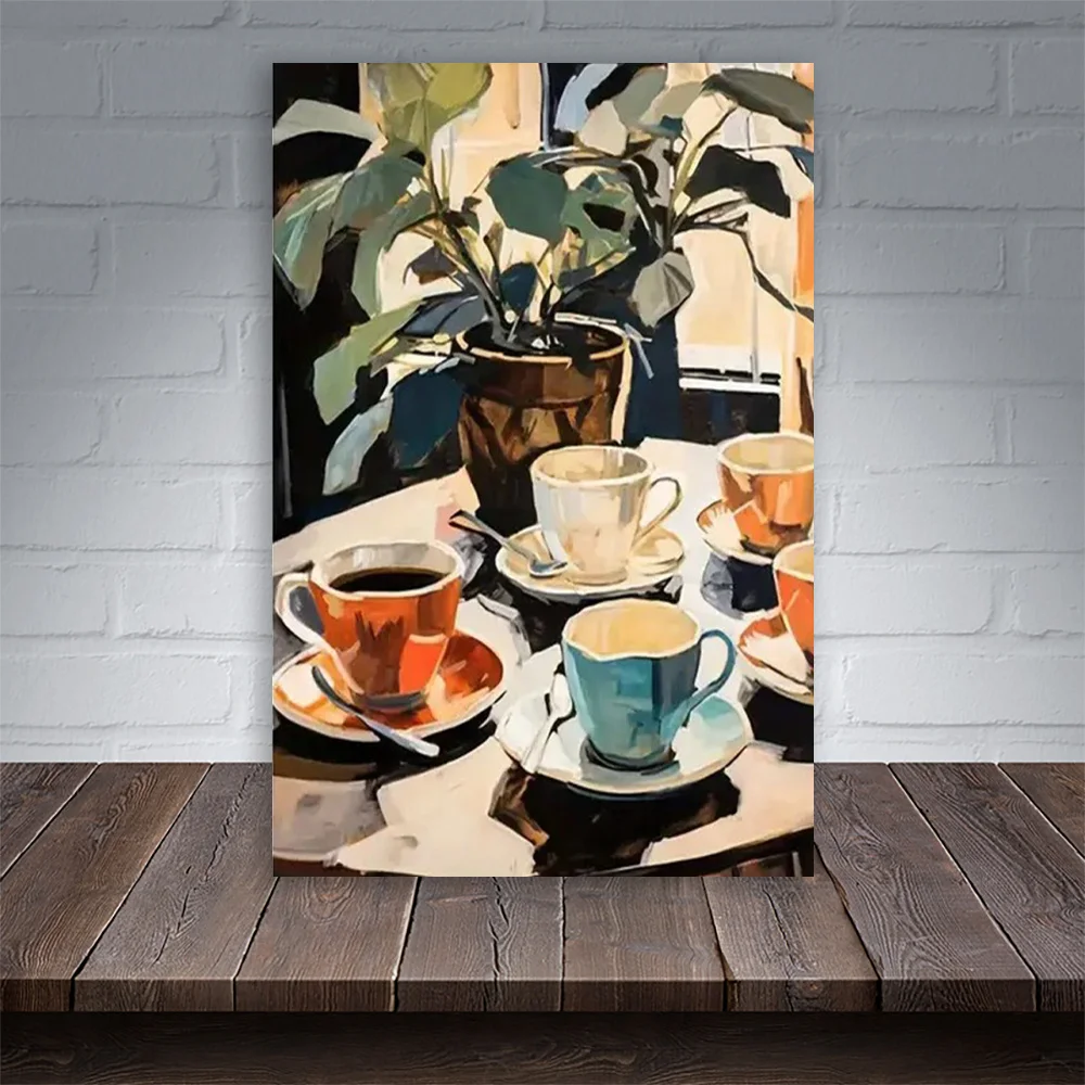 1 Pc Plant Table Coffee Cups Canvas Painting Thickness High Quality Wall Art Prints Poster Direct Hanging Wall Picture Decor