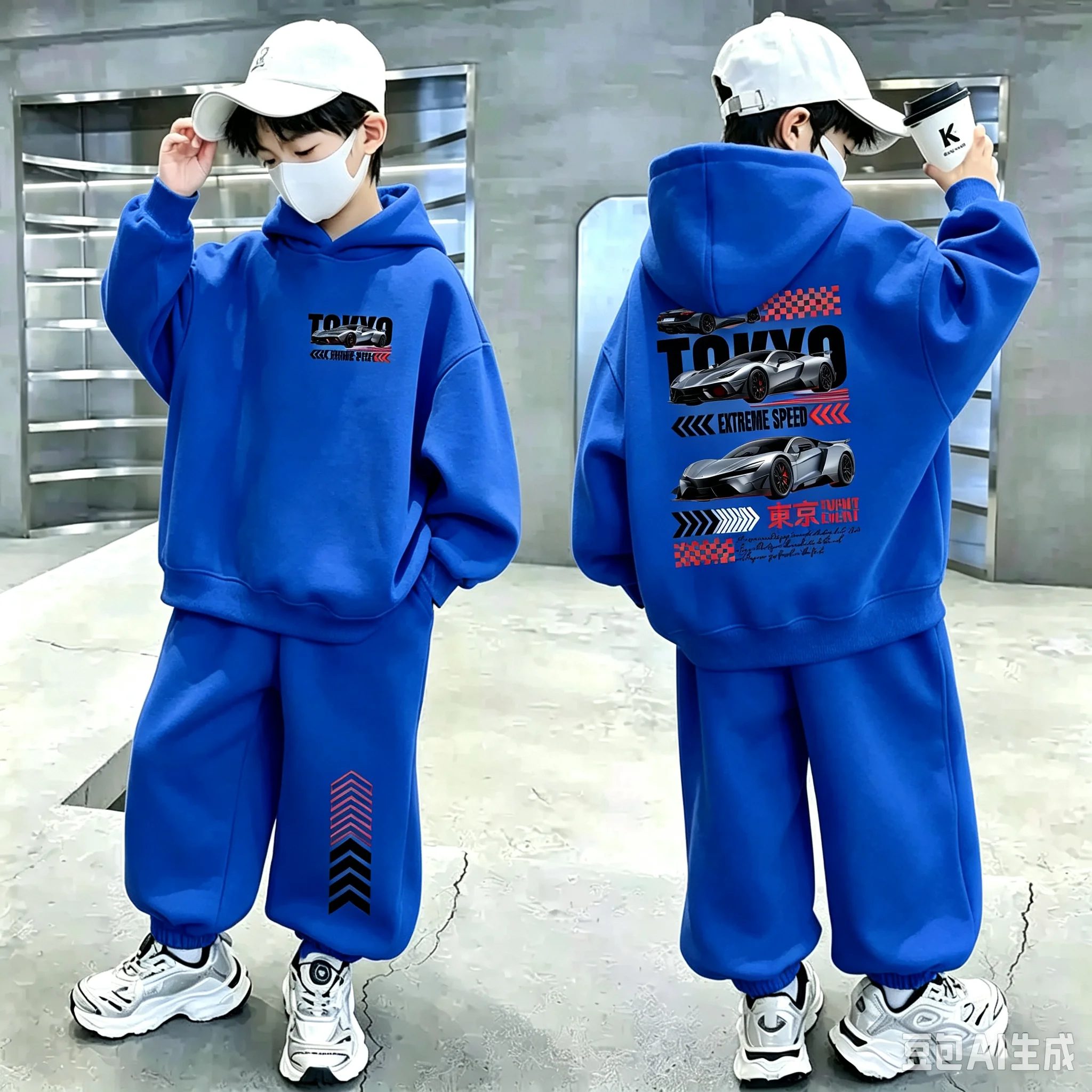 Zweiteiliges Sportoutfit für Jungen mit Kapuze und Rennmütze – Langärmeliges Kapuzensweatshirt mit Shorts für Kinder – Sportbekleidungsset – Detail 4