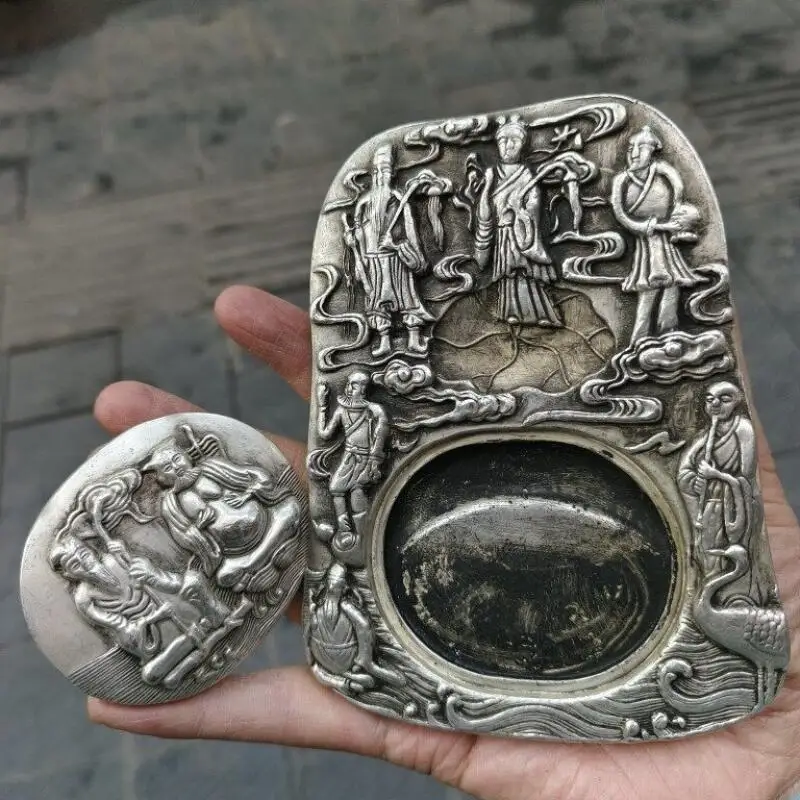 Antique Copper Silver Plated Collection Eight Immortals Crossing the Sea Inkstone with Lid Vintage Stationery Supplies Ornament