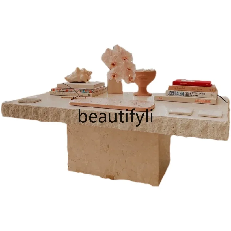 

Wabi Sand Travertine Coffee Table Natural Marble Rectangle Short Coffee Table