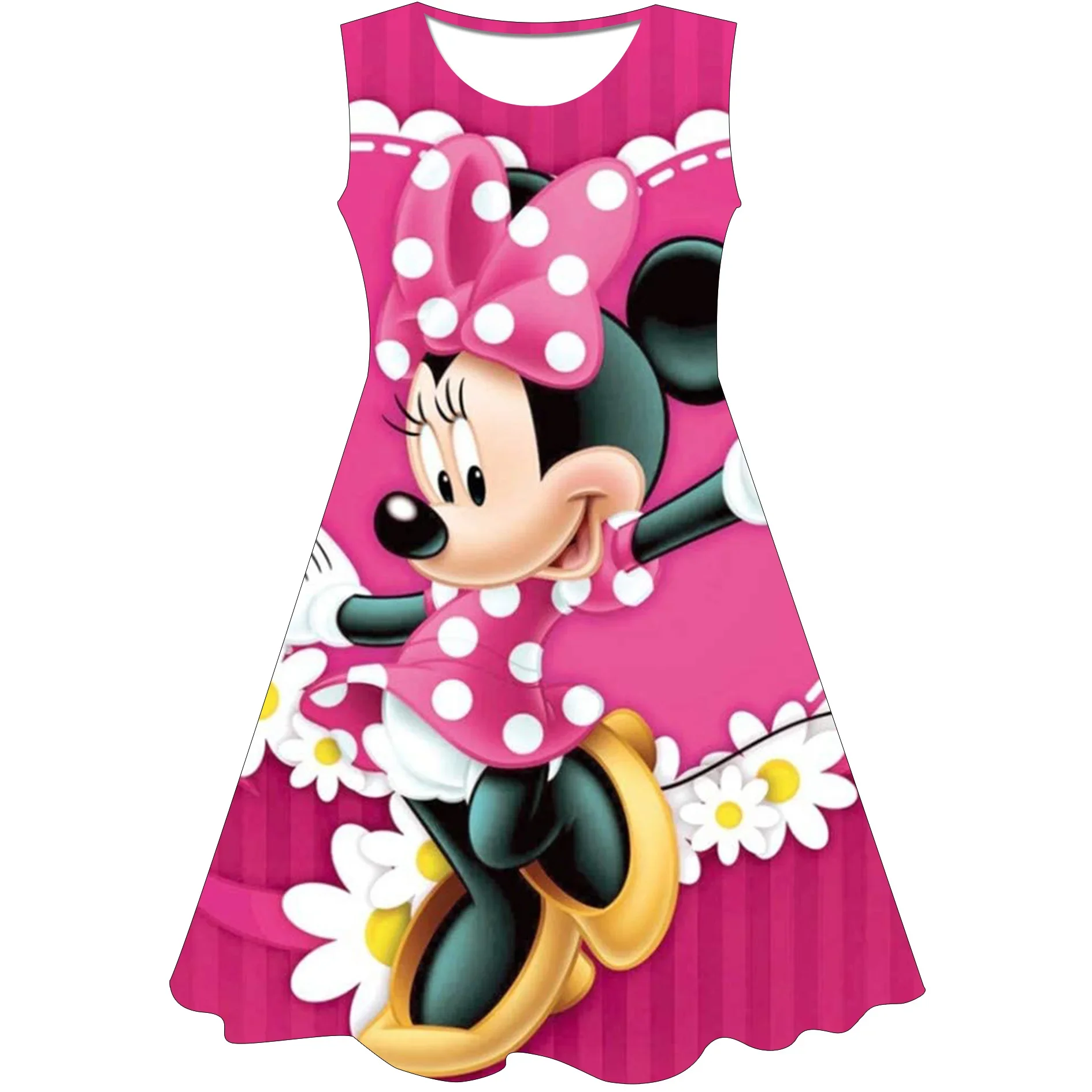 Disney Minnie Mouse Dress Girls Dress 2024 Summer New Girls Round Neck Sleeveless Minnie Cartoon Short-sleeved Dress