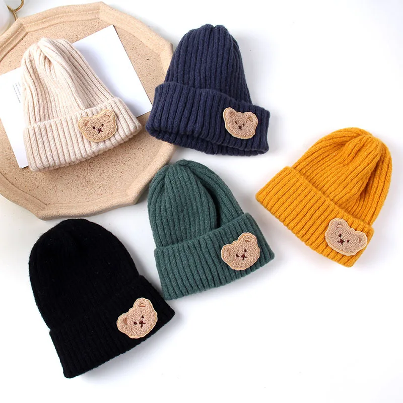 Gorros coreanos de oso bonito para bebé, gorro de punto suave, gorro cálido para otoño e invierno, gorro de ganchillo de Color sólido para niños pequeños