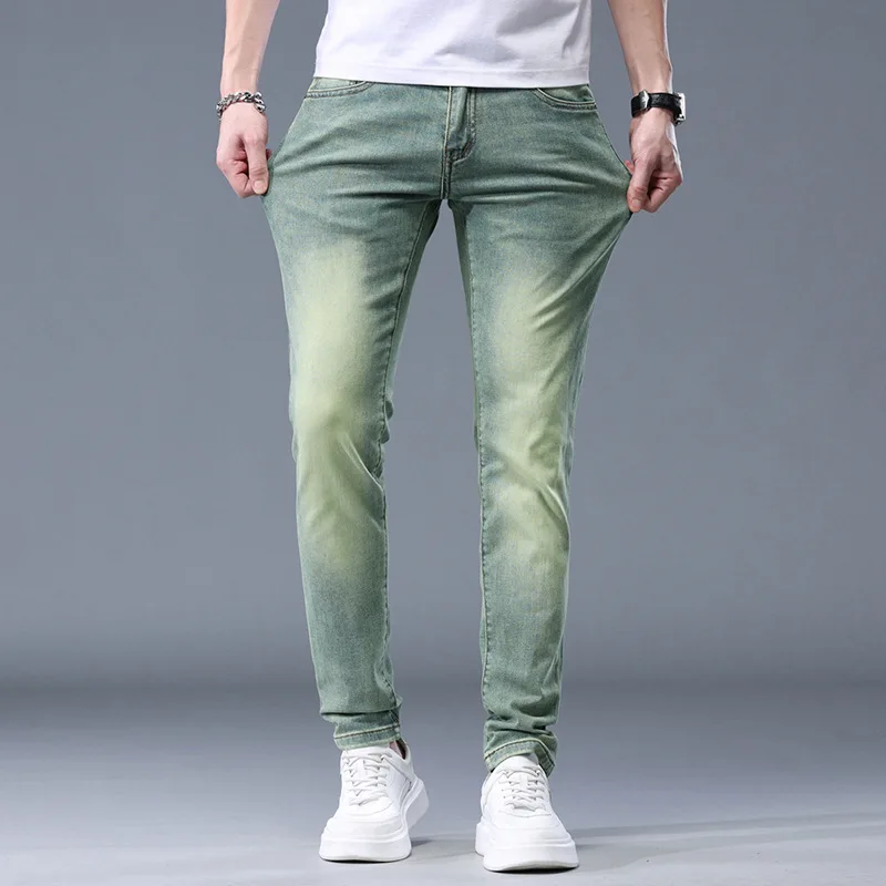 Retro Yellow Mud Green Jeans Men's Summer Thin 2024 New High-End Men's Clothing Fashion Elastic Slim Fit Skinny Pants