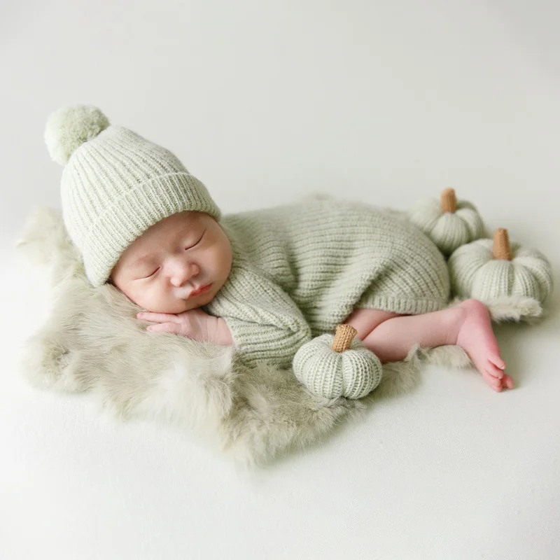 Baby Boy Newborn Photography Clothing Knitted Hat Jumpsuit Outfits Headflower Crochet Pumpkin Baby Photo Outfit Photoshoot Props