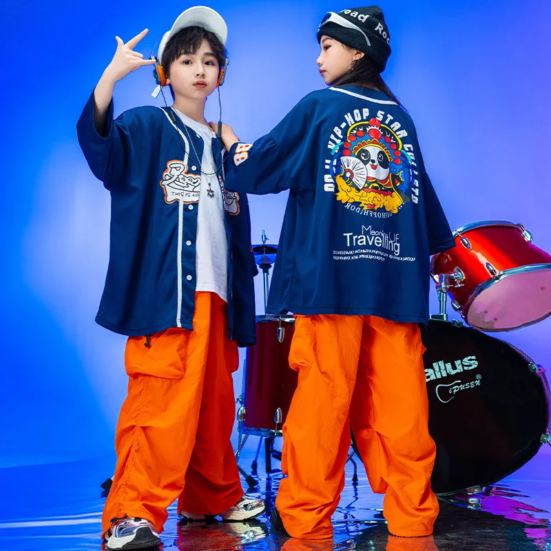 Kids Hip Hop Dance Clothes Girls Jazz Dance Fashion Stage Performance Costumes Boys Blue Denim Jacket Orange Trousers