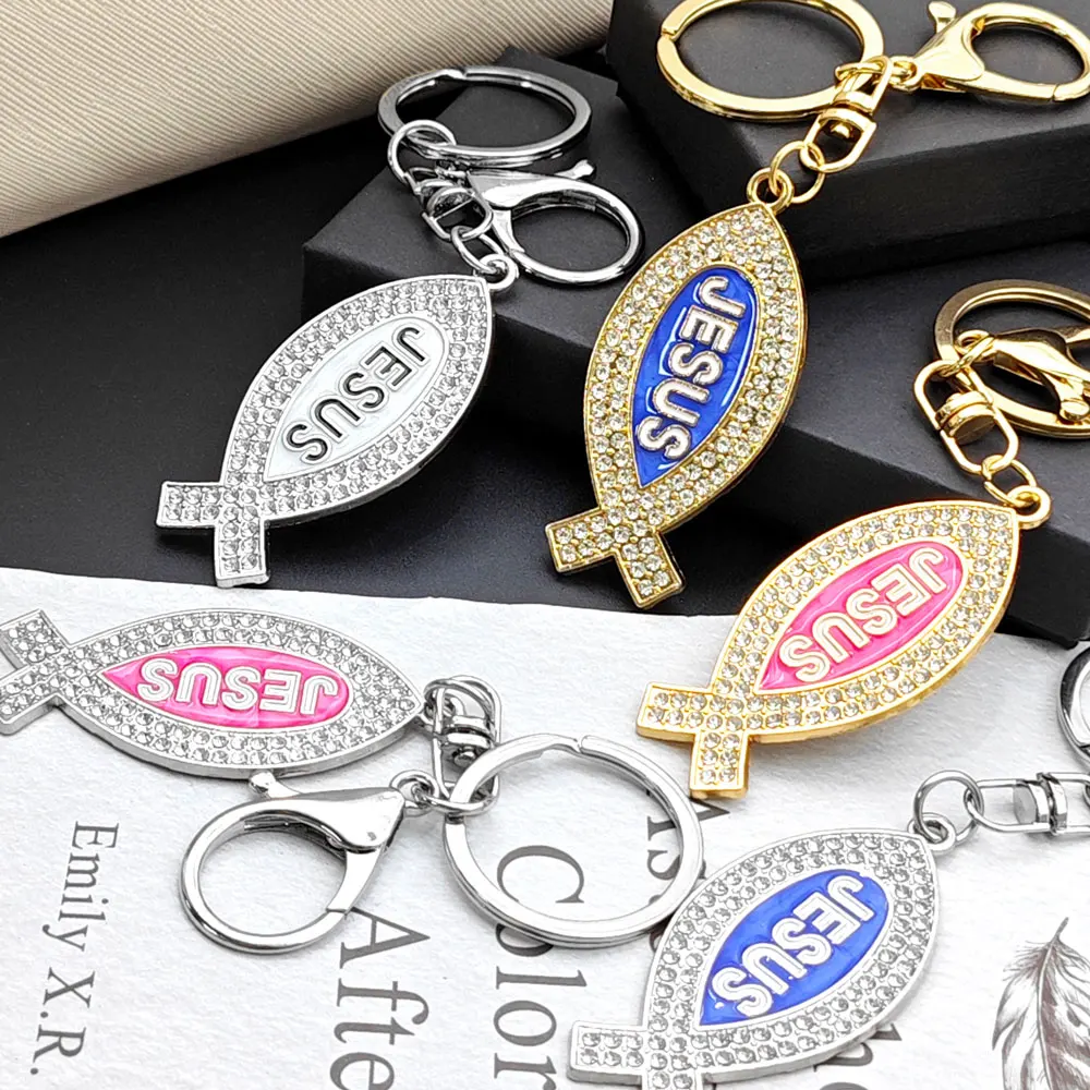 الكرتون الأسماك المعدنية على شكل المفاتيح الأصالة أنا أحب يسوع رسالة كيرينغ الماس سيارة الإبداعية مفتاح سلسلة حلقة تذكارية هدية