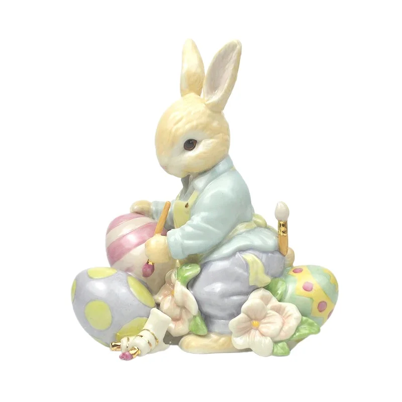 

Easter Decoration Ceramic Rabbit and Egg Figurine Porcelain Fun Animal Statue Children's Room Ornament Birthday Gift