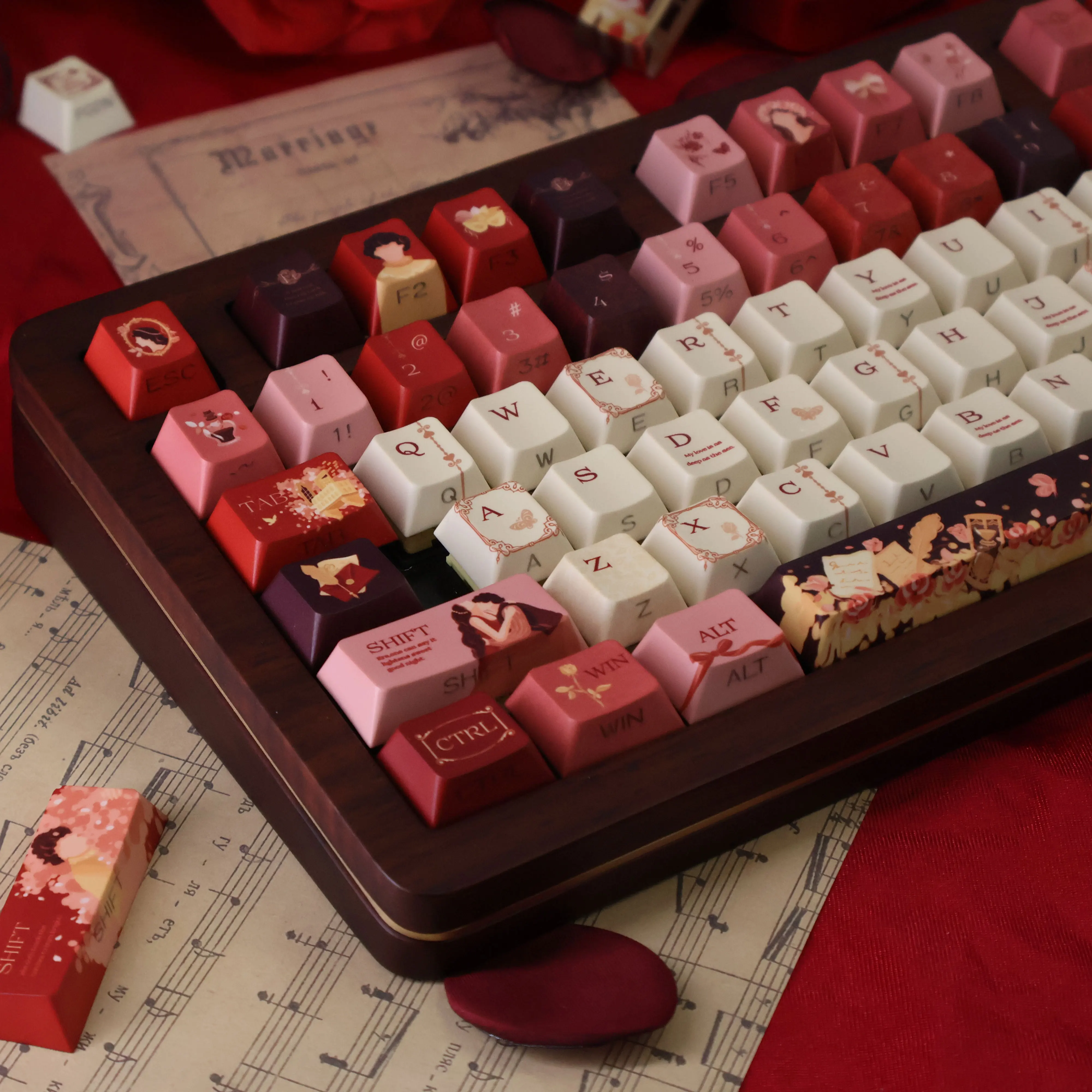 New 120 Keys Romeo & Juliet Side-Printed Keycaps, Cherry Profile, PBT Dye-Sublimation, Wear-Resistant, Stylish for Keyboards